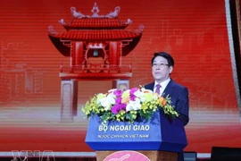 El presidente Luong Cuong pronuncia un discurso de bienvenida y transmite sus felicitaciones de Año Nuevo a los vietnamitas en el extranjero. Foto: VNA