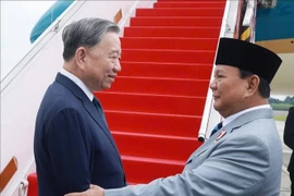 El presidente indonesio y presidente del Partido Movimiento Gran Indonesia (Gerindra), Prabowo Subianto, despide al secretario general del Partido Comunista de Vietnam, To Lam, en el aeropuerto militar Halim Perdanakusuma, en Yakarta. (Foto: VNA)