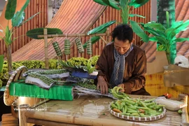 El espacio del artista Nguyen Van Tuyen destaca por sus esculturas hechas con frutas y verduras, seleccionadas cuidadosamente de diversas regiones para garantizar frescura y colores naturales. (Foto: VNA)