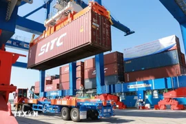 El camión tractor recibe el contenedor de mercancías en el puerto de Phuoc An. (Foto: VNA)