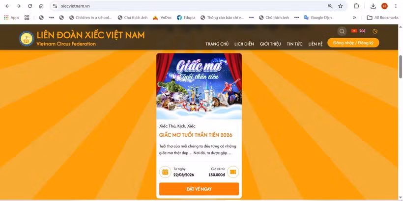 La Federación de Circo ha colaborado recientemente con VTC Corporation para lanzar una plataforma de venta de entradas en línea a través del sitio web xiecvietnam.vn. Foto: xiecvietnam.vn. 
