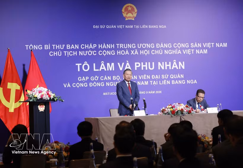 El secretario general del Partido Comunista de Vietnam y presidente de la República, To Lam, interviene en el encuentro. (Fuente: VNA)