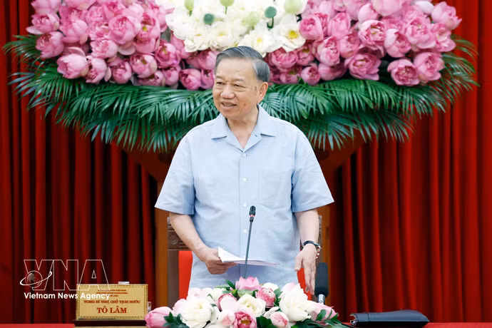 El secretario general del Partido Comunista de Vietnam y presidente del Estado, To Lam, interviene en la reunión (Foto: VNA)