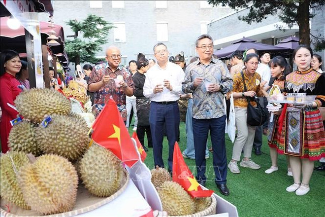 Embajadores y representantes diplomáticos de los paíse del Sudeste Asiático visitan el stand de Vietnam (Fuente:V NA) sau-rieng-2.jpg