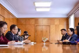 El secretario del Comité Central del Partido Comunista de Vietnam (PCV) y jefe de su Comisión de Relaciones Exteriores, Le Hoai Trung, sostiene reunión con el vicepresidente del Partido Democrático de Mongolia, Batchimeg. (Foto: VNA)