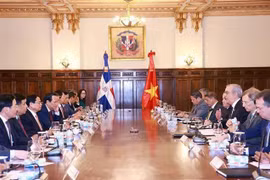 El primer ministro de Vietnam, Pham Minh Chinh, mantiene conversaciones con el presidente de República Dominicana, Luis Abinader Corona. (Fuente: VNA)