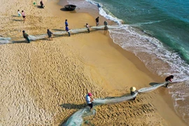 Contemplar un día de trabajo de los pescadores vietnamitas de Da Nang