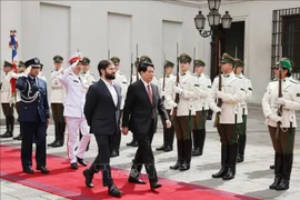 El presidente vietnamita, Luong Cuong (derecha), y su homólogo chileno, Gabriel Boric Font, pasan revista a la guardia de honor en Santiago. (Foto: VNA)