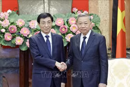 El miembro del Buró Político y presidente de Vietnam, To Lam, recibe al miembro del Comité Permanente del Buró Político del Comité Central del Partido Comunista y presidente del Comité Nacional de la Conferencia Consultiva Política del Pueblo Chino, Wang Huning. (Fuente: VNA)