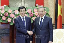 El miembro del Buró Político y presidente de Vietnam, To Lam, recibe al miembro del Comité Permanente del Buró Político del Comité Central del Partido Comunista y presidente del Comité Nacional de la Conferencia Consultiva Política del Pueblo Chino, Wang Huning. (Fuente: VNA)