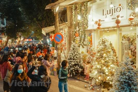 Jóvenes disfrutan del ambiente navideño en la calle Hang Ma de Hanoi