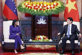 El presidente vietnamita, Luong Cuong, recibe a la vicepresidenta ejecutiva de Venezuela, Delcy Rodríguez Gómez. (Fuente:VNA)