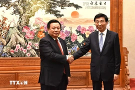 El presidente del Consejo Teórico Central y director de la Academia Nacional de Política Ho Chi Minh, Nguyen Xuan Thang, sostiene una reunión con el presidente del CCPPCh, Wang Huning (Fuente: VNA)