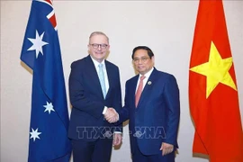 El primer ministro vietnamita, Pham Minh Chinh (derecha), y su homólogo australiano, Anthony Albanese, se reúnen en Laos el 11 de octubre. (Foto: VNA)