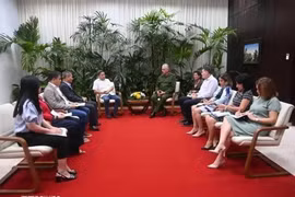 El presidente cubano, Miguel Díaz-Canel (a la derecha), recibe a representantes del empresariado vietnamita. (Foto: VNA)