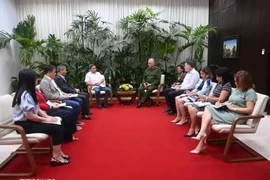 El presidente cubano, Miguel Díaz-Canel (a la derecha), recibe a representantes del empresariado vietnamita. (Foto: VNA)