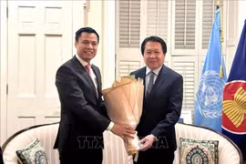 El embajador Dang Hoang Giang, jefe de la misión permanente de Vietnam ante la ONU, felicita al embajador Anouparb Vongnorkeo, jefe de la misión permanente de Laos ante la ONU (Fuente: VNA)