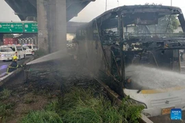 Los bomberos intentan extinguir el incendio de un autobús escolar en Bangkok, Tailandia, el 1 de octubre de 2024. (Foto: Xinhua)