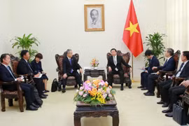 El viceprimer ministro Tran Hong Ha (derecha) recibe al presidente y director ejecutivo de la Corporación japonesa Sumitomo, Shingo Ueno. (Fuente: VNA)