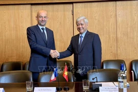 Do Van Chien, presidente del Comité Central del Frente de la Patria de Vietnam en la sesión de trabajo con el presidente del Consejo Económico, Social y Ambiental (CESE) Thierry Beaudet (Fuente: VNA)