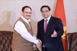 El primer ministro de Vietnam, Pham Minh Chinh, recibe al presidente del Partido Popular Indio, Jagat Prakash Nadda. (Fuente: VNA)