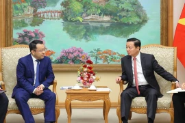 El viceprimer ministro de Vietnam Tran Hong Ha )derecho) recibe al director ejecutivo del grupo chino Geely Auto, Gan Jiayue. (Fuente: VNA)