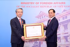 El viceprimer ministro y ministro de Relaciones Exteriores de Vietnam, Bui Thanh Son (derecha), entrega la Orden de la Amistad al embajador chino, Xiong Bo. (Foto: VNA)