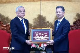 El secretario del Comité del Partido de la ciudad de Da Nang, Nguyen Van Quang (derecha), entregó un recuerdo al vicepresidente de la Asamblea Nacional de Laos, Sommad Pholsena. (Foto: VNA)