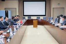 En la reunión de trabajo entre el Ministro de Información y Comunicaciones, Nguyen Manh Hung, y el ministro de Estado de Economía, Comercio e Industria de Japón, Kozuki Ryosuke. (Foto: VNA)