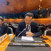 El embajador Mai Phan Dung, representante permanente de Vietnam ante las Naciones Unidas, la Organización Mundial del Comercio (OMC) y otras organizaciones internacionales en Ginebra, interviene en la octava Revisión de la Política Comercial de la OMC sobre la India. (Foto: VNA)