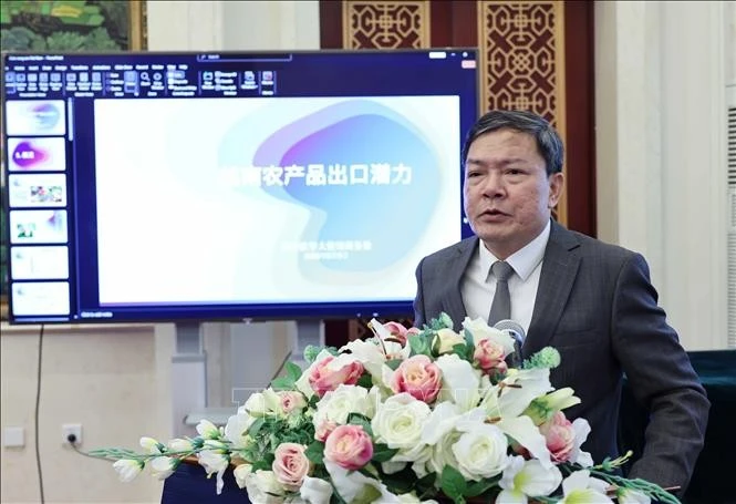 El consejero comercial de Vietnam en China, Nong Duc Lai, habla en el evento. (Fuente: VNA) 