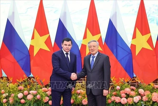 El viceprimer ministro permanente, Nguyen Hoa Binh (derecha), recibe al asesor del Presidente Ruso, Dmitri Mironov. (Foto: VNA)