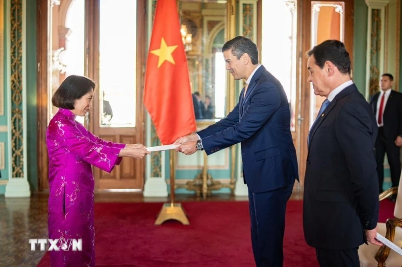La embajadora de Vietnam en Argentina concurrente en Paraguay, Ngo Minh Nguyet, presenta las cartas credenciales al presidente paraguayo, Santiago Peña Palacios. (Foto: VNA)
