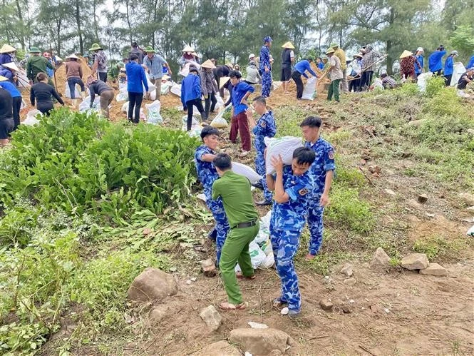 La provincia de Ha Tinh ha movilizado a cientos de militares, policías, guardacostas y residentes locales para reforzar urgentemente el dique de Hoi Thong. (Foto: VNA)
