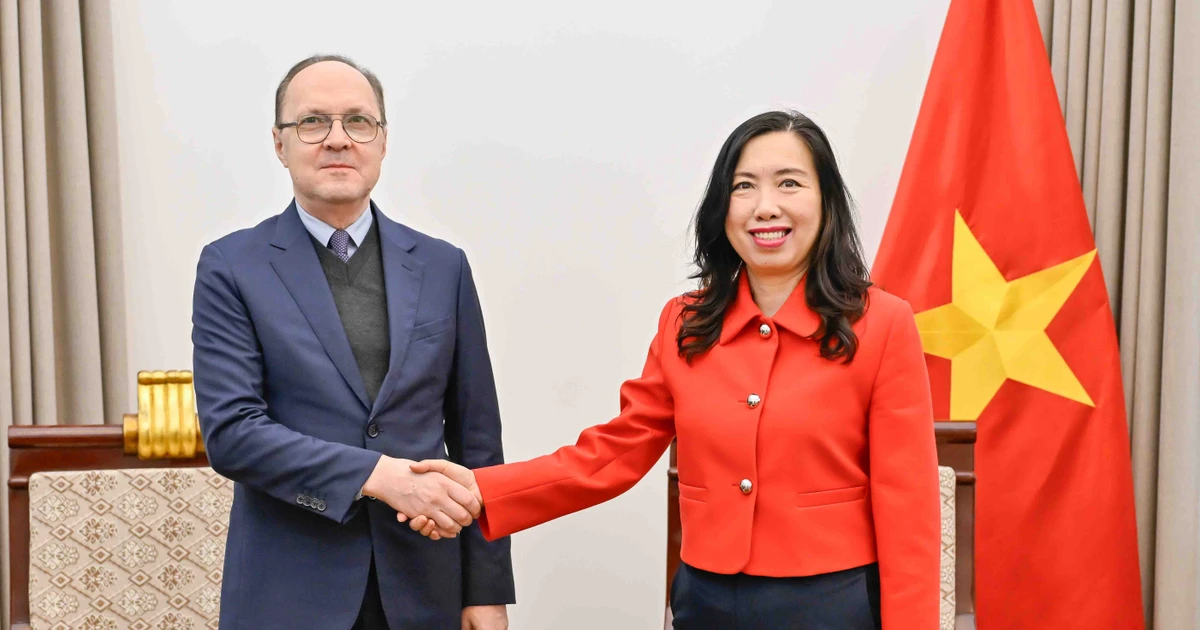 La viceministra de Relaciones Exteriores de Vietnam, Le Thi Thu Hang, recibe al embajador ruso en el país indochino, Gennady Bezdetko. (Foto: VNA)
