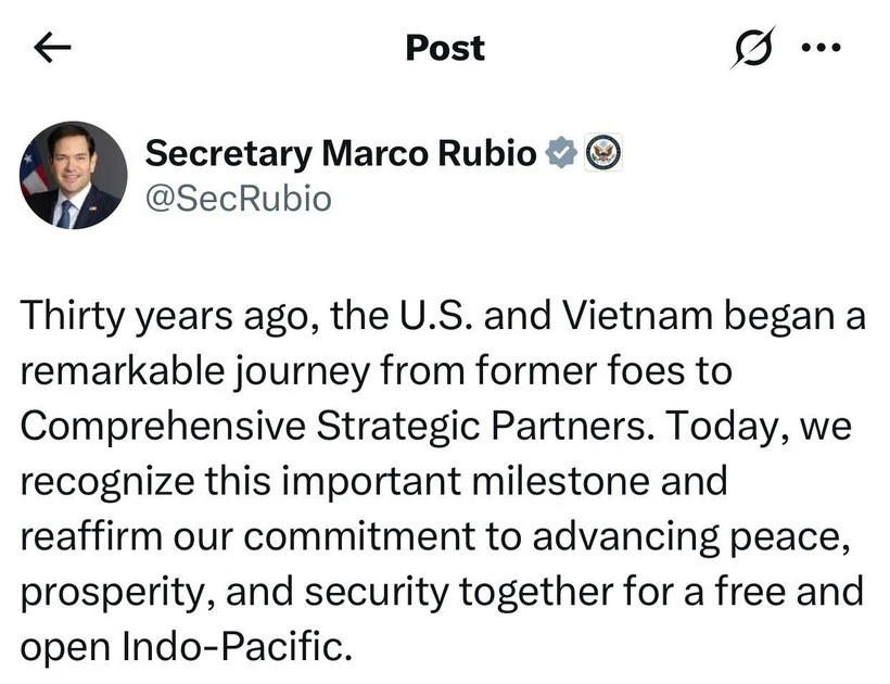 La publicación en la red social X del secretario de Estado estadounidense Marco Rubio. 