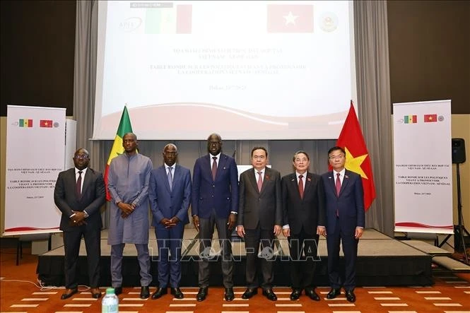El presidente de la Asamblea Nacional vietnamita, Tran Thanh Man, (tercero desde la derecha) y su homólogo senegalés, El Malick Ndiaye, (cuarto desde la izquierda) junto con delegados en undiálogo político para promover la cooperación entre Vietnam y Senegal. (Foto: VNA)