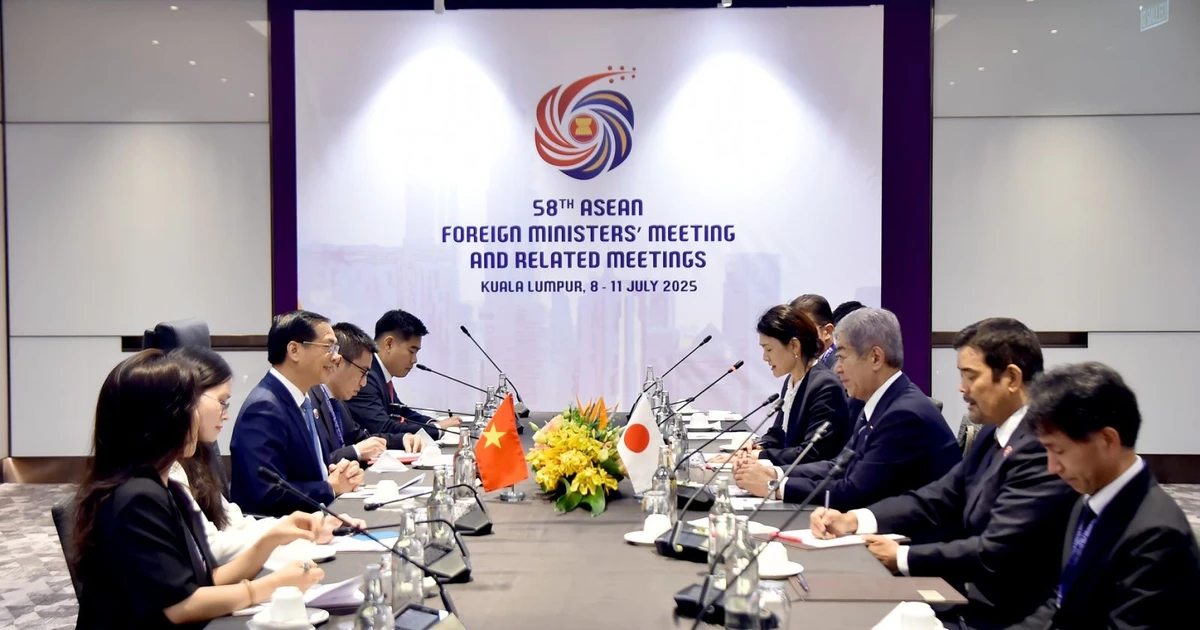 En el encuentro entre el viceprimer ministro y canciller de Vietnam, Bui Thanh Son, y el ministro de Relaciones Exteriores de Japón, Iwaya Takeshi. (Foto: VNA) 