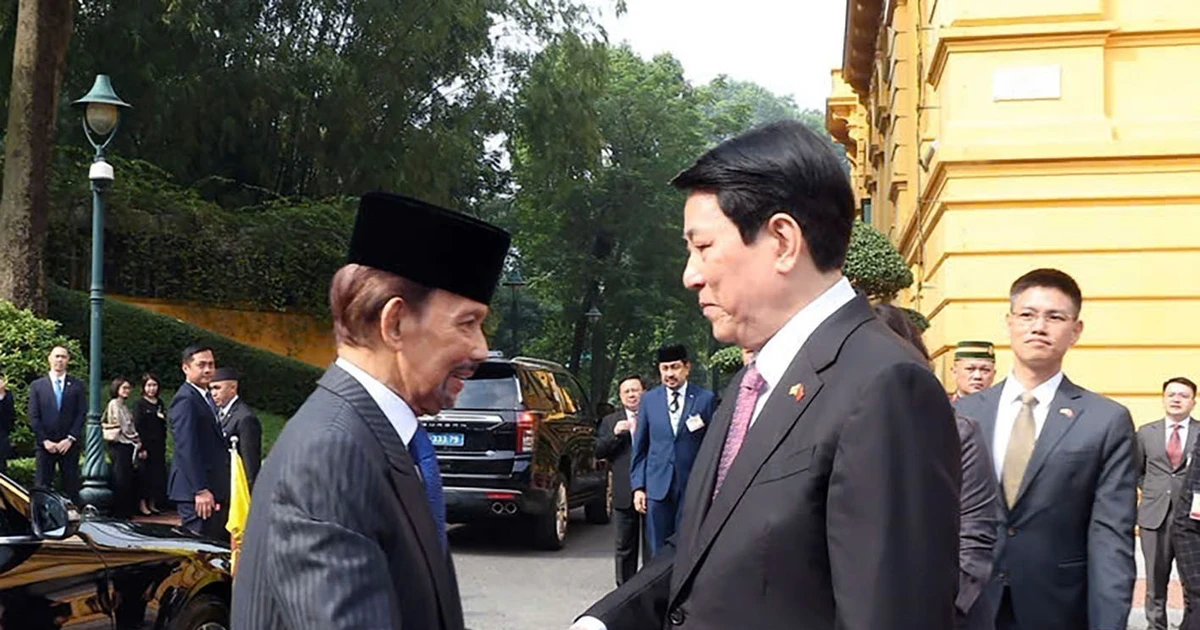 El presidente vietnamita, Luong Cuong, recibe al Sultán de Brunéi Darussalam, Haji Hassanal Bolkiah. (Fuente: VNA)