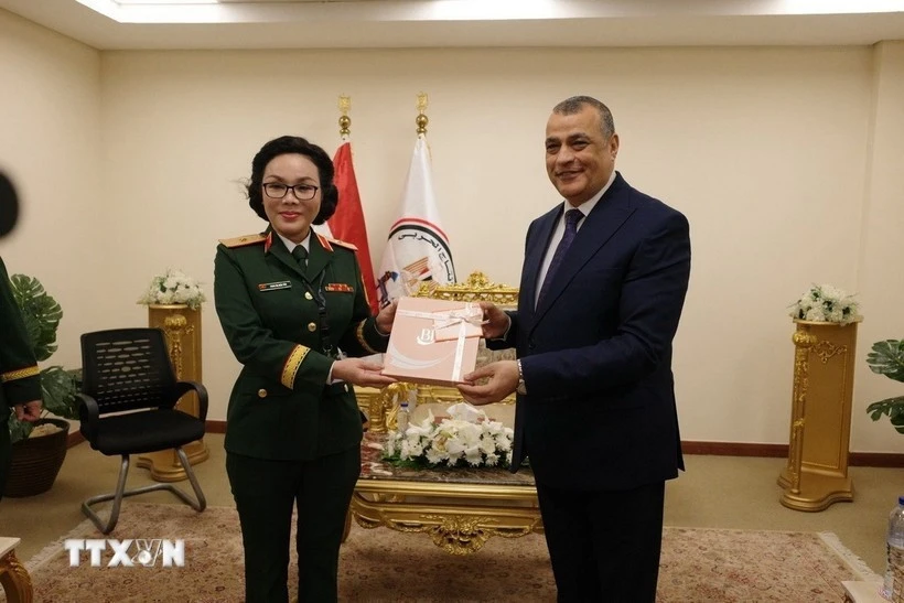 La teniente general Phan Thi Hoai Van, subjefa del Departamento General de Industria de Defensa y el ministro de Estado egipcio de Producción Militar, Mohamed Salah El-Din Mostafa. (Foto: VNA)