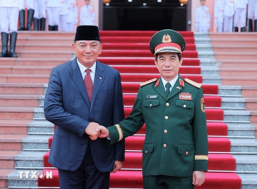 El ministro de Defensa de Vietnam, general Phan Van Giang, recibe al ministro de Defensa de Indonesia, Sjafrie Sjamsoeddin. (Foto: VNA)