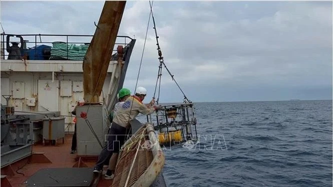 Actividades de muestreo de sedimentos en la plataforma continental de Vietnam por el equipo de investigación (Foto: VNA)