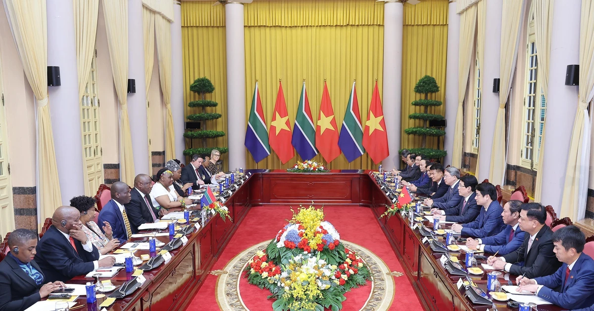 El presidente de Vietnam, Luong Cuong, sostiene conversaciones con su homólogo sudafricano, Matamela Cyril Ramaphosa. (Foto: VNA)