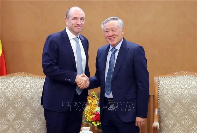 El viceprimer ministro permanente, Nguyen Hoa Binh, (derecha) y Richard Sell, director general del Grupo Haeco. (Foto: VNA)