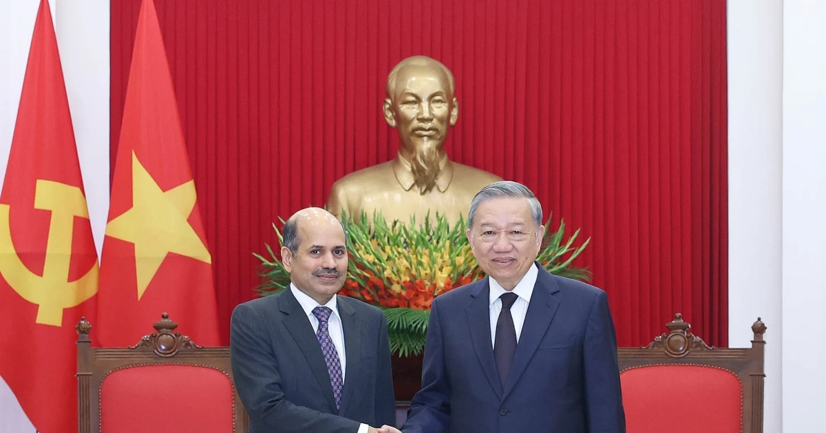 El secretario general del Partido Comunista de Vietnam, To Lam, recibe al embajador indio, Sandeep Arya (Fuente: VNA) 