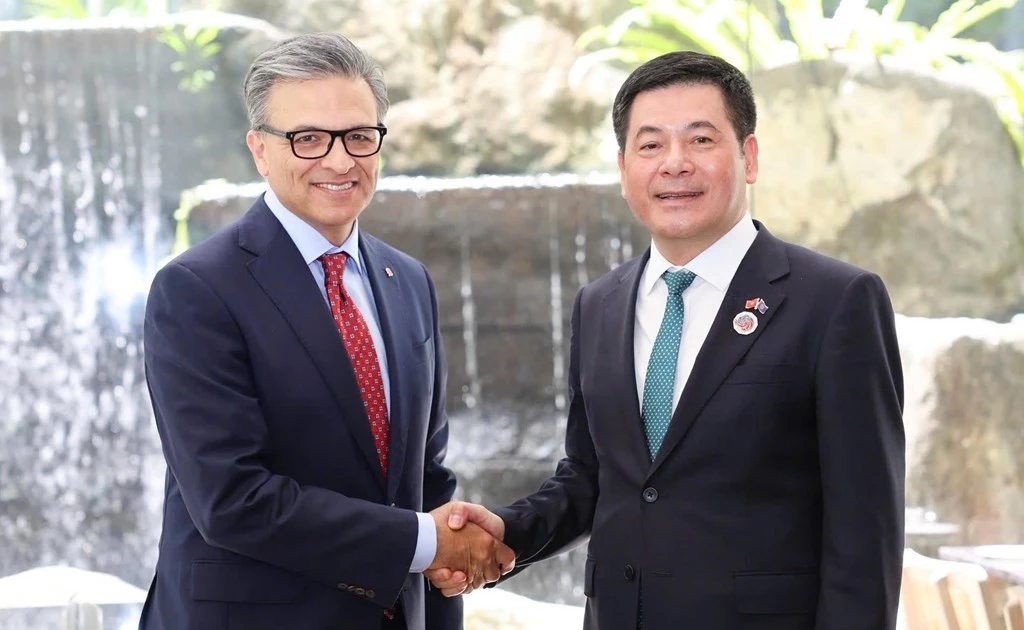 El ministro de Industria y Comercio de Vietnam, Nguyen Hong Dien, sostiene una reunión de trabajo con el presidente y director ejecutivo del consejo empresarial de Canadá, Goldy Hyder. (Fuente: VNA)