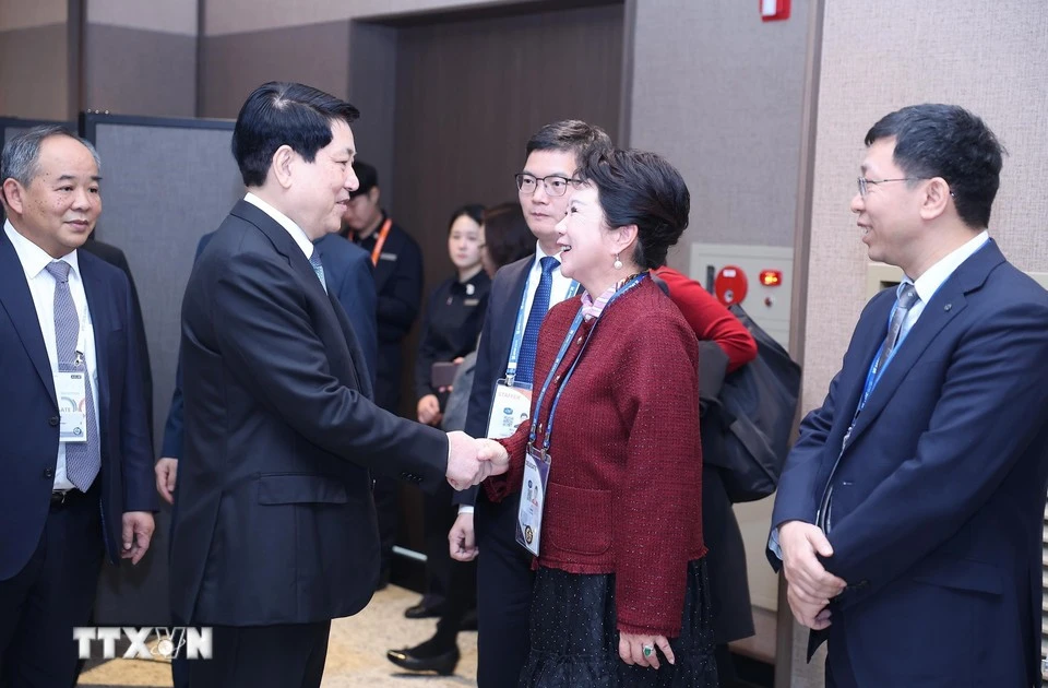 El presidente de Vietnam, Luong Cuong, recibe a Li Li, fundadora del Grupo MEBO International de China. (Foto: VNA)