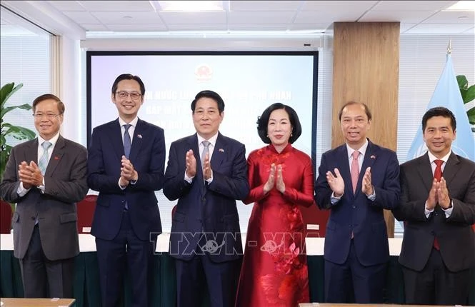 El presidente Luong Cuong y su esposa con funcionarios de agencias representativas vietnamitas en Estados Unidos. (Foto: VNA)