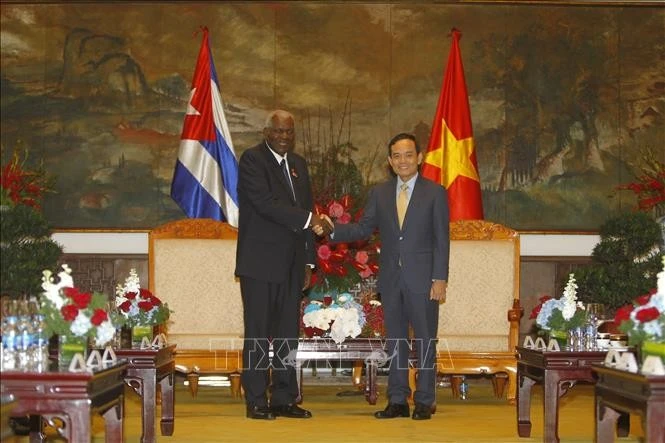 El secretario del Comité del Partido Comunista de Vietnam en Ciudad Ho Chi Minh, Tran Luu Quang, y el presidente de la Asamblea Nacional del Poder Popular de Cuba, Esteban Lazo Hernández. (Foto: VNA)