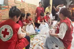 El personal de la Cruz Roja de Vietnam prepara artículos esenciales para ayudar a los hogares afectados por las inundaciones tras la tormenta Wipha. (Foto: VNA)